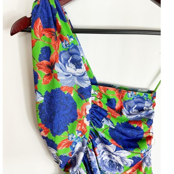 Zara Womens One Shoulder Bodysuit Floral Green Blue Small - Picture 2 of 5